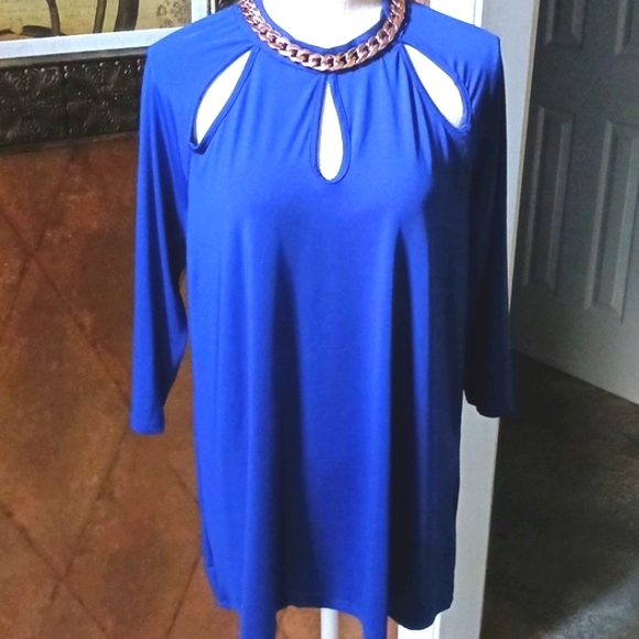 NWT NEW Glory Uniquely Designed Gold Chain Cut-Out Cobalt Blue Plus Size Tunic - Picture 3 of 12